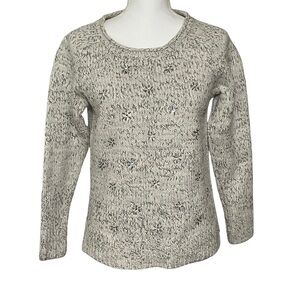 LOFT Women's Heathered Cream Colored Crew Neck Sweater with Snowflake Beading,